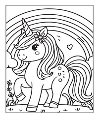 Cute cartoon unicorn with rainbow coloring page. Color and black white vector illustration for coloring book,
