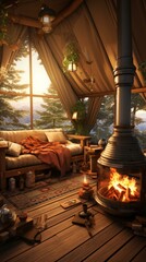 Cozy living room interior with fireplace and large windows