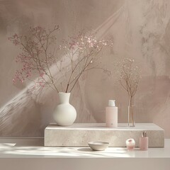 Dried flowers and cosmetics on concrete podium against beige background