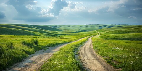 Obraz premium dirt road through a lush green rolling grassy hill landscape