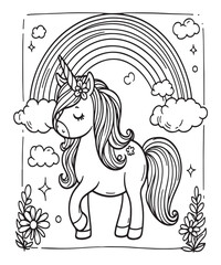Fototapeta premium Cute cartoon unicorn with rainbow coloring page. Color and black white vector illustration for coloring book,