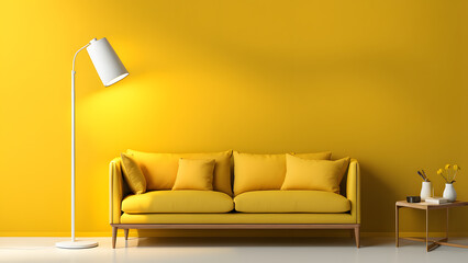 A yellow couch is sitting in front of a white wall