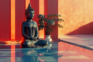 A statue of a Buddha is sitting on a body of water