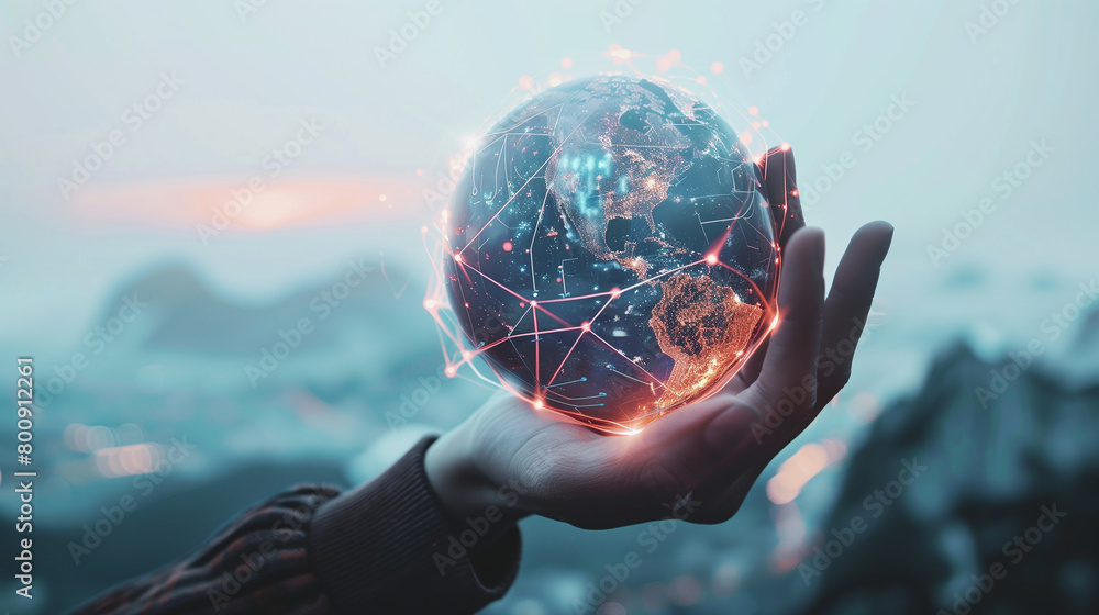 Poster hands, 3d globe hologram and global communication in digital marketing or futuristic networking on d
