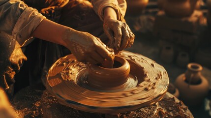 A captivating image of a potter molding clay on a spinning wheel, showcasing the craftsmanship and creativity of pottery on National Creativity Day.