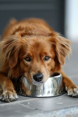 A brown dog is lying in front of a silver bowl.