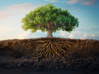 Stunning visualization of a large oak tree with its extensive roots exposed