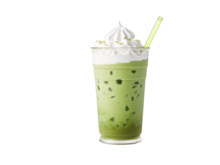 a green drink with whipped cream and straw