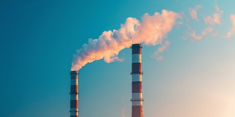Two industrial factory chimneys polluting the sky with toxic fumes