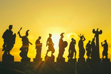 A group of greek gods statues are silhouetted against a sunset