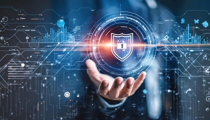 Cyber security network and data protection technology on interface. Ai security, Block chain