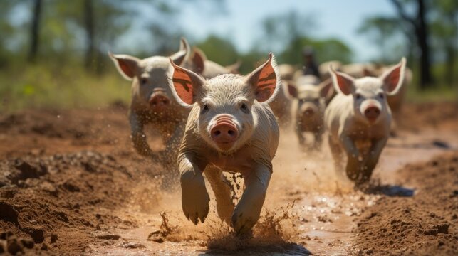A group of feral pigs running through a muddy field