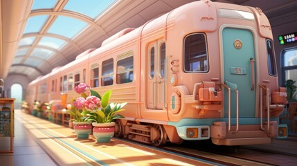 A pink and blue train sits in a station