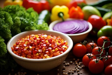 A bowl of diced bell peppers and a bowl of sliced red onion with other vegetables in the background