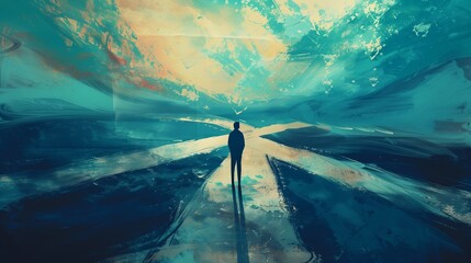 A person standing at a crossroads, pondering multiple paths ahead, each signifying different mental health journeys.