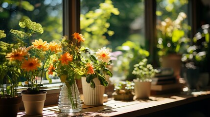 A beautiful bouquet of orange and yellow flowers sits on a wooden table in front of a window.