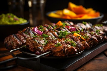 Grilled meat skewers with vegetables
