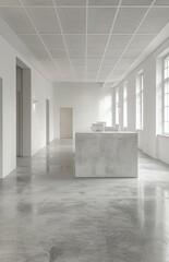 An empty office with a concrete reception desk and white walls