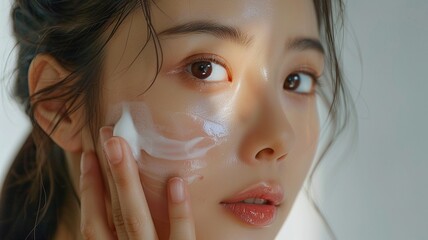 Beautiful asian woman applying moisturizing cream on face. Skin care concept.
