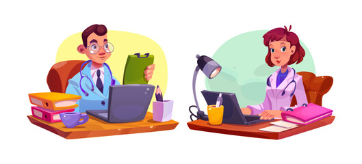 Man doctor on hospital desk with computer vector. Medical office care with female character for checkup on laptop and consult online. Telehealth examination in healthcare room for diagnosis research