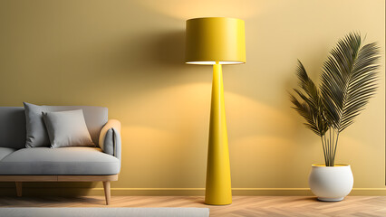 A yellow lamp is in the corner of a room with a couch and a potted plant