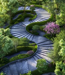 A winding stone staircase in a lush green garden