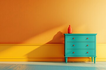 A blue dresser sits in front of a yellow wall