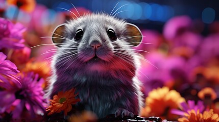 The hamster felt out of place attending a formal dinner with a family of robots in a garden of neon flowers.  3D Action realistic