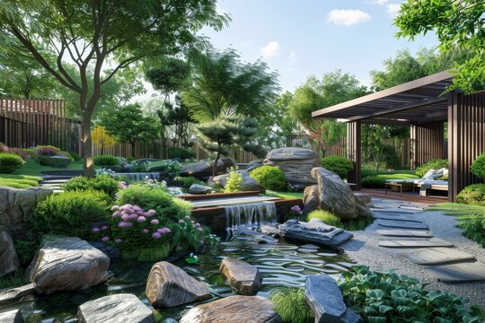 A beautiful garden with a waterfall and a pavilion