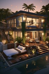 Fototapeta premium A modern house with a pool and a deck surrounded by palm trees