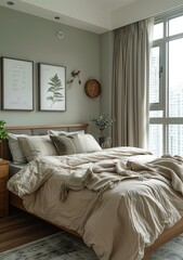 Elegant sage green bedroom with wooden elements and soft textures