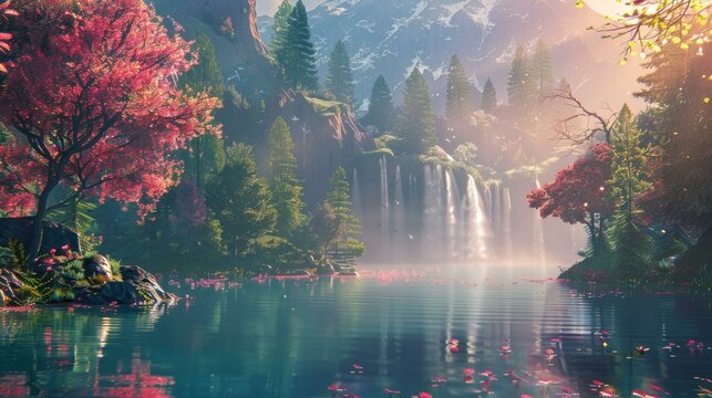 Misty Waterfall in the Mountains