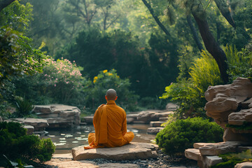 Monk meditating peacefully near a tranquil garden pond