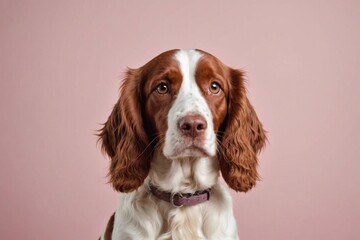 Portrait of Welsh Springer Spaniel dog looking at camera, copy space. Studio shot.