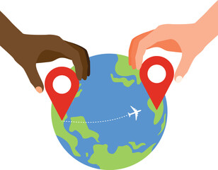 Two hands putting pin icons on a world map and an airplane flying on a route. Travel route planning. Flat vector illustration