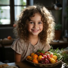 Fototapeta na wymiar Portrait of a happy little girl with curly hair sitting at a table with a basket of fruit