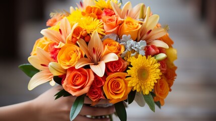A hand holding a bouquet of orange lilies, roses, and yellow daisies.