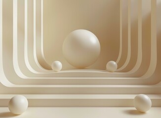 3D rendering of a podium with a large sphere and four small spheres on it