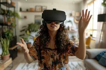 Young woman wearing virtual reality headset at home
