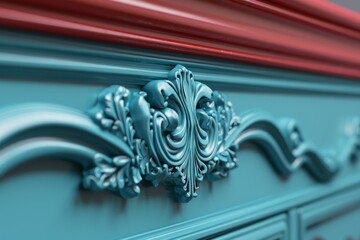 The blue and red trim on the dresser is ornate and intricate