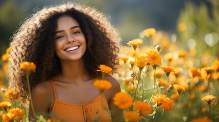 Portrait of a smiling young woman standing in a field of orange flowers