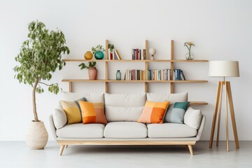 A stylish living room with a comfortable sofa, a bookshelf, a lamp, and a plant