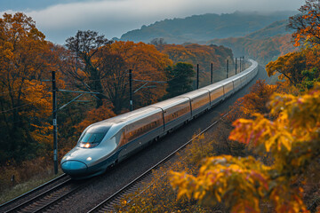 High-speed train speeds through scenic autumn landscape