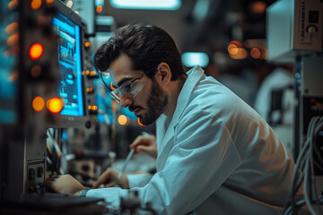 Focused engineer adjusting equipment in high-tech lab
