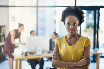 Young creative, portrait and black woman in office for collaboration, confident and marketing research in workspace. Startup business, leader and strategy planning for advertising, sales and ideas
