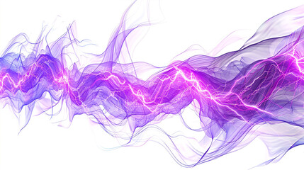Luminous purple neon lightning bolts weaving through vivid cyan waves, isolated on a solid white background."