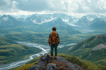 Fototapeta premium Hiker overlooking vast green valleys and snowy mountains