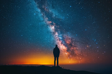 Fototapeta premium Lone figure gazing at the vast Milky Way on a clear night