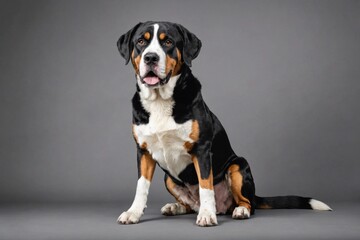 sit Greater Swiss Mountain Dog dog with open mouth looking at camera, copy space. Studio shot.