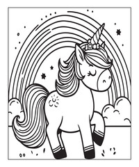 Cute cartoon unicorn with rainbow coloring page. Color and black white vector illustration for coloring book, Generative AI